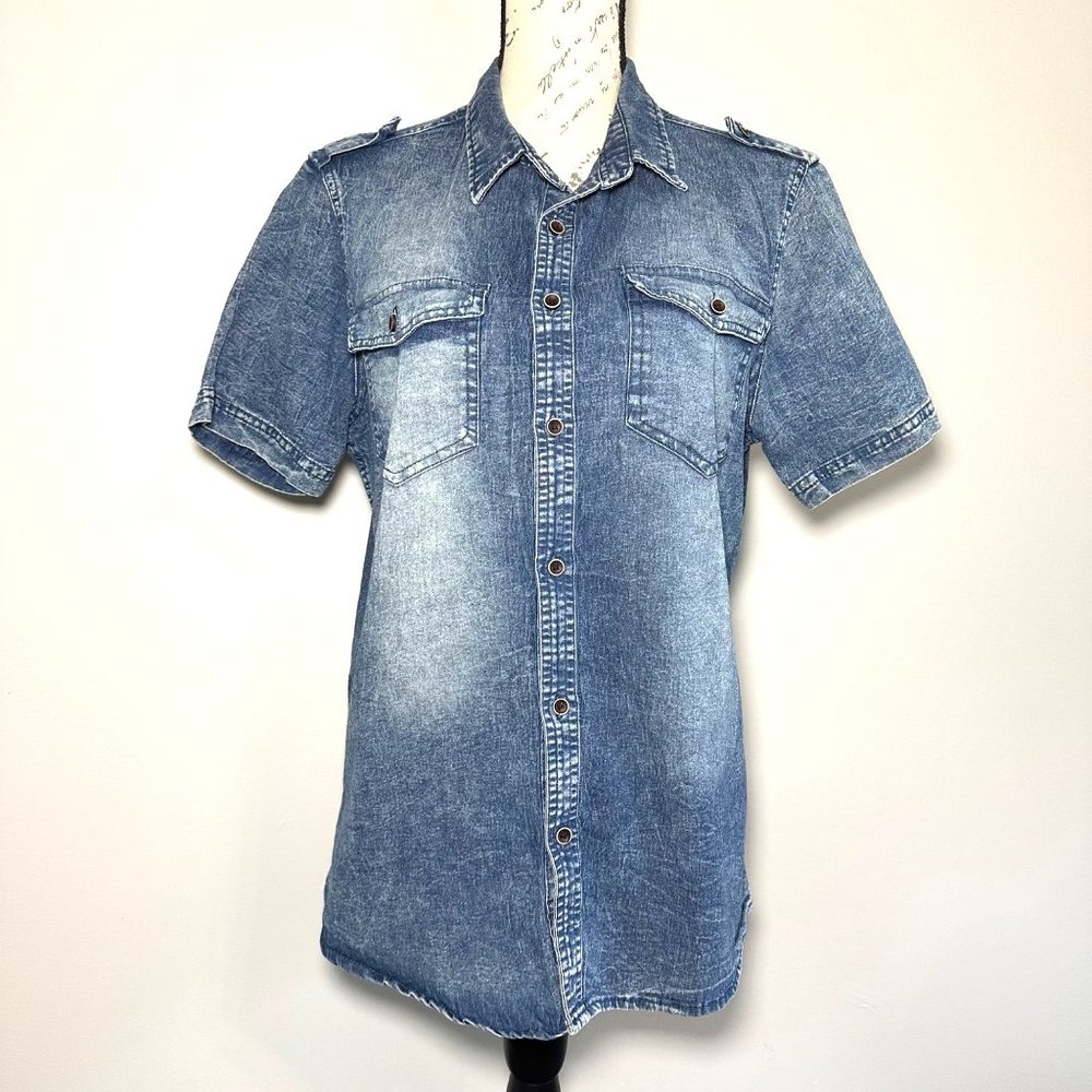 ROK | Blue Denim Short Sleeve Collared Button-Down Shirt | Size L
